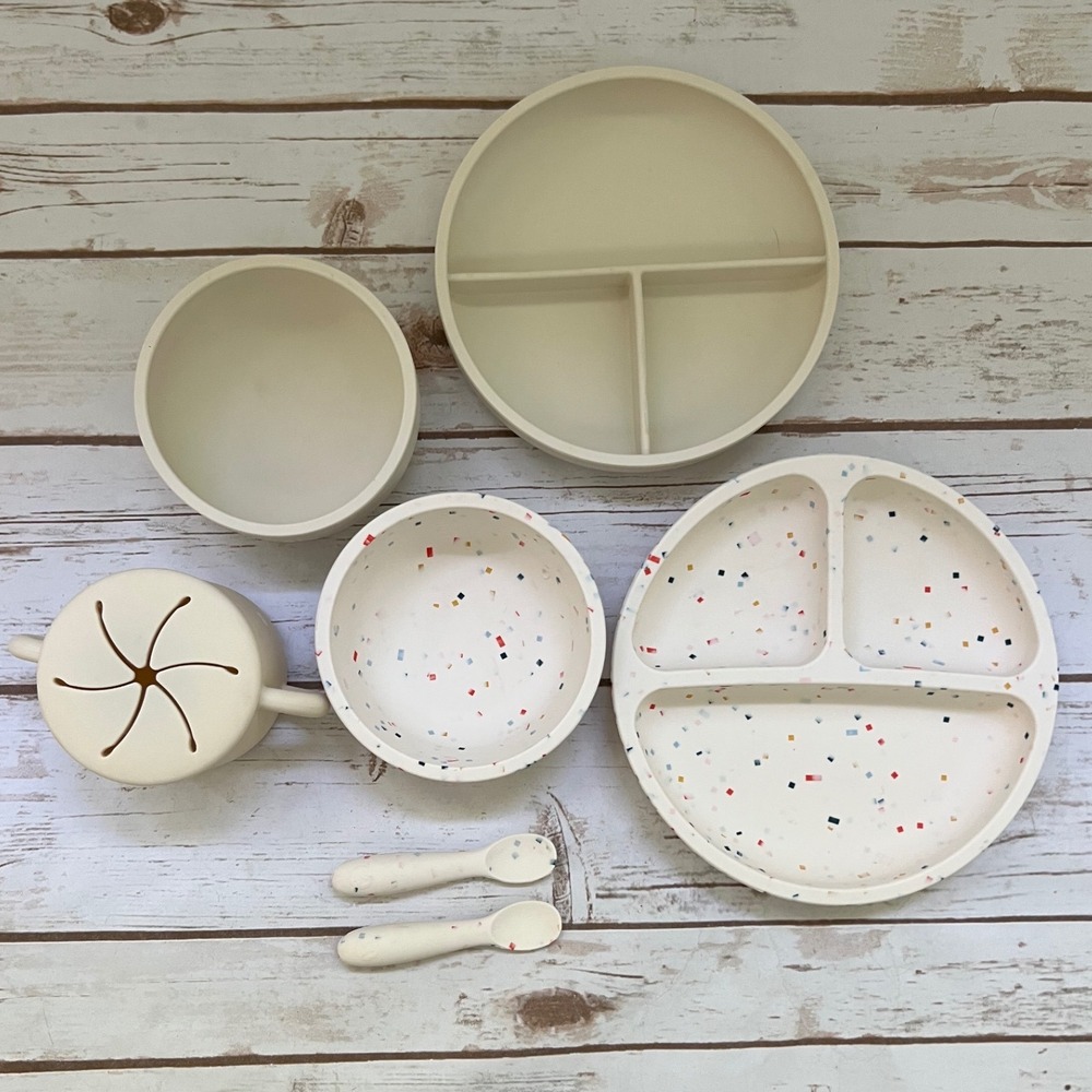 Lalo WeeSprout Silicone Feeding Set Cream Confetti Suction Plates Bowls Cup 7pc
